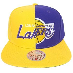 LA Lakers Mitchell & Ness NBA Snapback Hat Split‎ 3D Logo Yellow Purple Cap NWT
